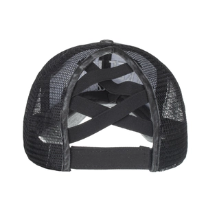 Black ponytail mesh baseball cap with criss-cross elastic back for women high bun hair