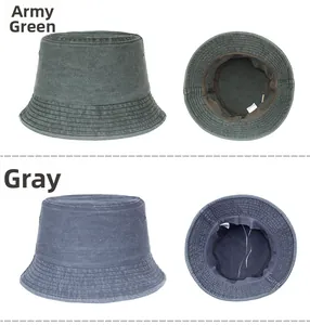Detailed view of washed cotton sun hats in army green and grey with adjustable drawstrings