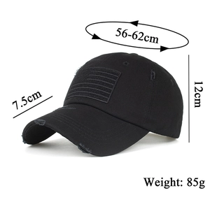 Detailed size guide of black tactical baseball cap with distressed brim and US flag patch