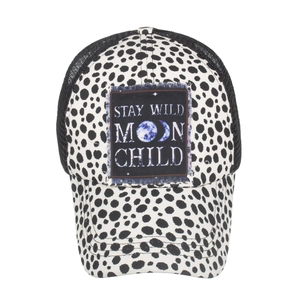 Polka dot trucker hat with Stay Wild Moon Child patch and breathable mesh back