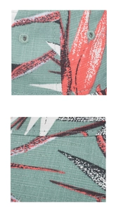 Detail of cotton sun hat with tropical leaf print showing stitching and air vents
