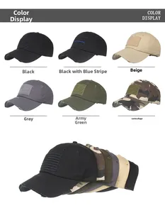 Detailed grid view of six distressed tactical baseball caps with flag velcro patches