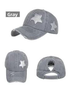 Detail view of washed grey baseball cap with star patch and ponytail hole design