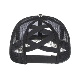 Black mesh trucker hat for high ponytails with criss-cross elastic bands back view