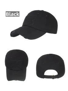 Detailed views of distressed black baseball cap with embroidered US flag patch