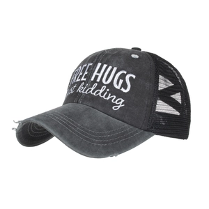 Distressed black trucker hat with mesh back and Free Hugs embroidery in street style