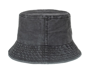 Detailed view of reinforced stitching on washed dark grey cotton bucket hat brim