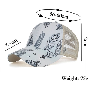 Detail view of mesh back baseball cap with feather print and adjustable strap buckle