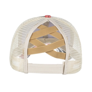 Beige Mesh-Baseballkappe mit elastischem Kreuzdesign für Pferdeschwänze und Belüftung