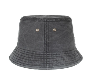 Close-up of black washed canvas bucket hat with metal eyelets and reinforced stitching