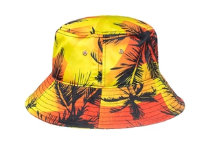 Detail of tropical palm tree pattern and metallic eyelet on satin sun bucket hat