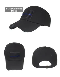Detailed views of a distressed black baseball cap with thin blue line flag embroidery