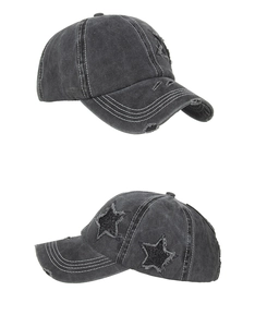 Detail view of washed cotton baseball cap with star patch and distressed embroidery finish