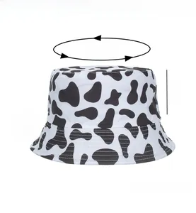 Detailed size guide of cow print bucket hat showing 58cm circumference and 8cm depth
