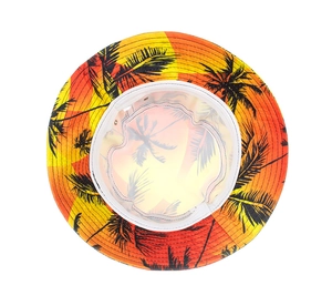 Top view of wide brim sun hat with tropical sunset print and white sweatband detail