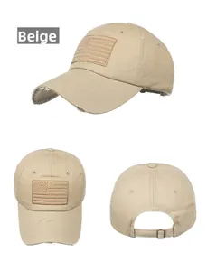 Detail view of beige baseball cap with American flag embroidery and distressed hole effects