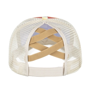 Sky blue baseball cap with mesh back and criss-cross elastic bands for high ponytail