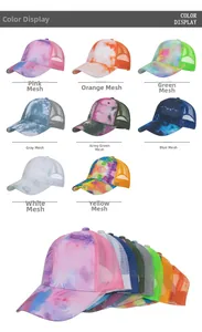 Detail view of tie-dye mesh baseball caps in eight vibrant colors with breathable panels