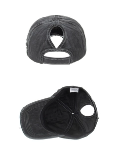 Detail of cotton baseball cap with ponytail hole and distressed washed finish