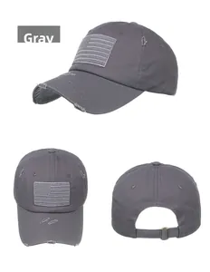Detailed views of gray vintage baseball cap with distressed brim and US flag patch