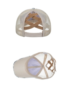 Detail view of mesh ponytail baseball cap with elastic criss-cross back and feather lining