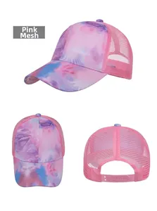 Detail of pink and purple tie-dye baseball cap with breathable mesh back and plastic snap