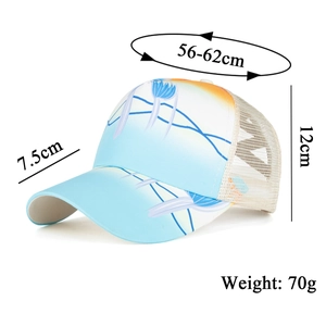 Sky blue and white floral mesh ponytail baseball cap for women sun protection