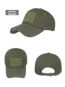 Army green distressed baseball cap with USA flag velcro patch and metal buckle detail
