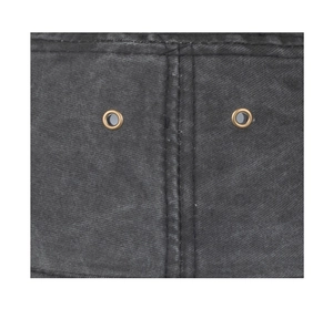 Macro view of dark grey washed cotton sun hat with dual bronze eyelets and twin stitching