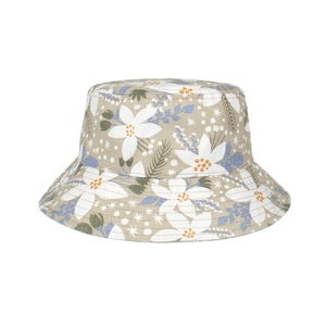 Cotton sun hat with wide brim and floral print for UV protection in beige