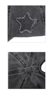 Detail of star sequin patch with raw edges and contrast stitching on washed denim cap