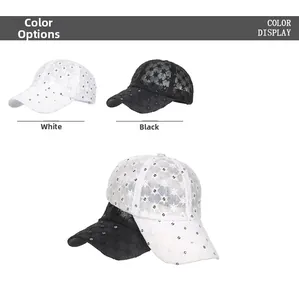 Detailed close-up showing black and white lace mesh baseball caps with sequins