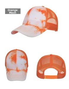 Three-view detail of orange tie-dye mesh baseball cap with adjustable back snap closure