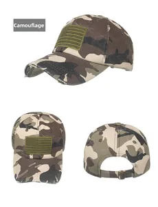 Three-view display of a camouflage baseball cap with embroidery and distressed brim detail
