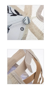 Detail of breathable mesh fabric with floral print and adjustable elastic strap for pony caps