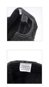 Detail view of cotton baseball cap showing adjustable velcro strap and 100% cotton wash label