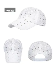Close-up detail of white lace baseball cap with sequins and adjustable mesh back closure