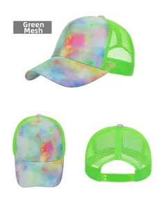 Detailed views of tie-dye baseball cap showing green mesh and plastic snapback closure