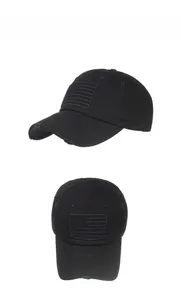 Detailed views of a distressed black tactical baseball cap with American flag embroidery