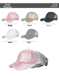 Detaillierte Farbanzeige von Glitzer-Mesh-Trucker-Hüten in Pink, Gold, Schwarz, Weiß, Grau