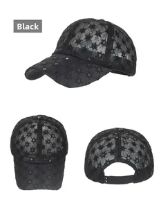 Detailed multi-angle view of black floral lace baseball cap with sequins and adjustable strap
