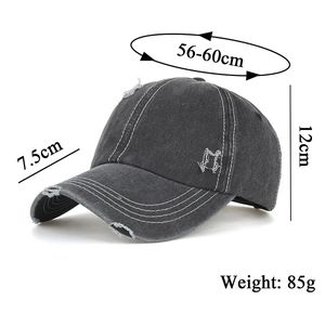 Detailed size specs for washed charcoal baseball cap with distressed edge details