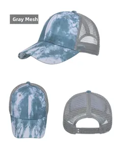 Detailed views of tie-dye baseball cap with breathable grey mesh and adjustable back strap