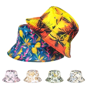 Women Satin Tropical Printed Bucket Hat Summer Wide Brim Sun Hat UV Protection Fashion Foldable Beach Vacation Basin Hat
