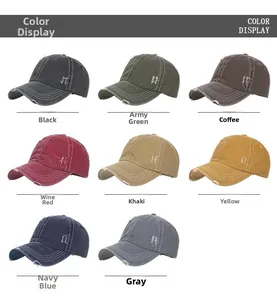 Detailed color display of vintage washed cotton baseball caps with distressed ripped holes