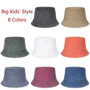 Kids Washed Cotton Bucket Hat Retro Sun Protection Fisherman Hat With Large Brim Metal Eyelets Plain Color Casual Cap