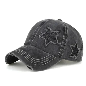 Vintage Washed Cotton Ponytail Baseball Cap Women Distressed Star Sequin Patch Adjustable Sun Hat High Messy Bun Trucker Hat