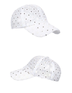 Close-up of white lace mesh baseball cap featuring sequins and curved brim detail
