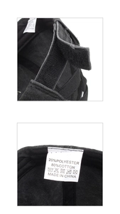 Détail de casquette montrant l'étiquette en coton mélangé et la sangle velcro ajustable