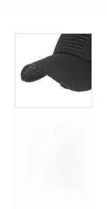 Detailed views of the distressed brim and American flag patch on a black baseball cap
